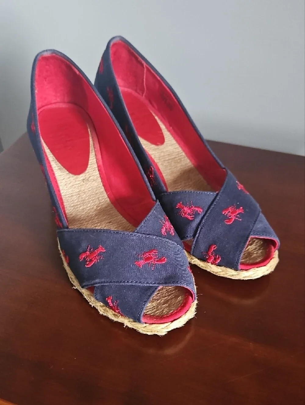 Ralph Lauren Navy Espadrille Wedge with Red Lobster Embroidery
